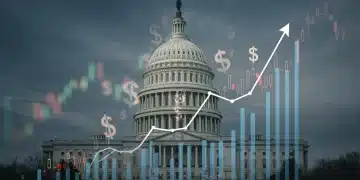 Graph showing rising interest rates with financial symbols and the US Capitol, symbolizing 2025 Federal Reserve policy and investment planning.