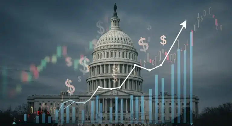 Graph showing rising interest rates with financial symbols and the US Capitol, symbolizing 2025 Federal Reserve policy and investment planning.