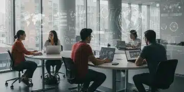 Students collaborating on future-focused projects in a modern university setting