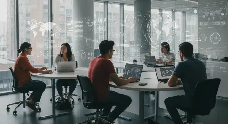 Students collaborating on future-focused projects in a modern university setting