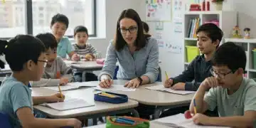 Diverse students and teacher in inclusive special education classroom