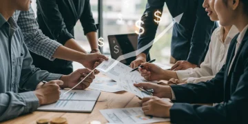 Small business owners discussing loan applications and financial projections for 2025