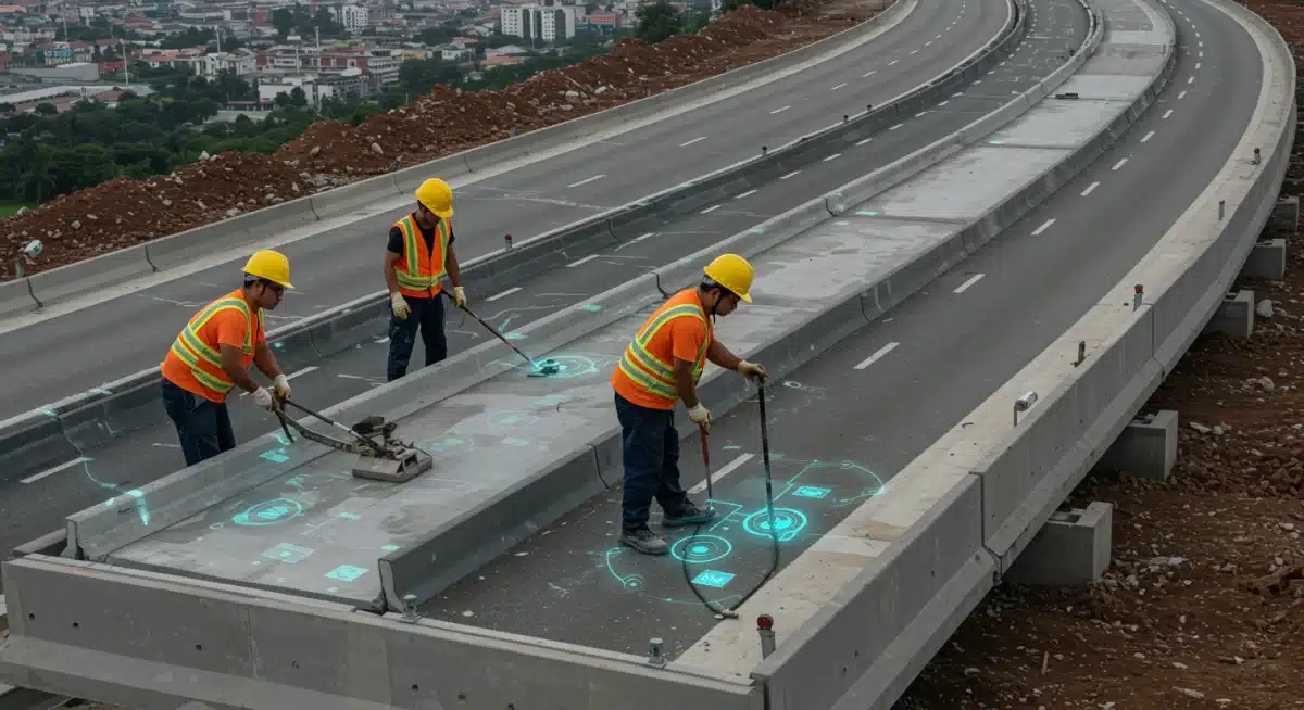 Construction workers building smart highway, symbolizing infrastructure progress