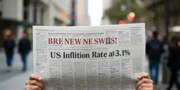 Financial newspaper headline announcing US inflation rate at 3.1% in January 2025, with city background.
