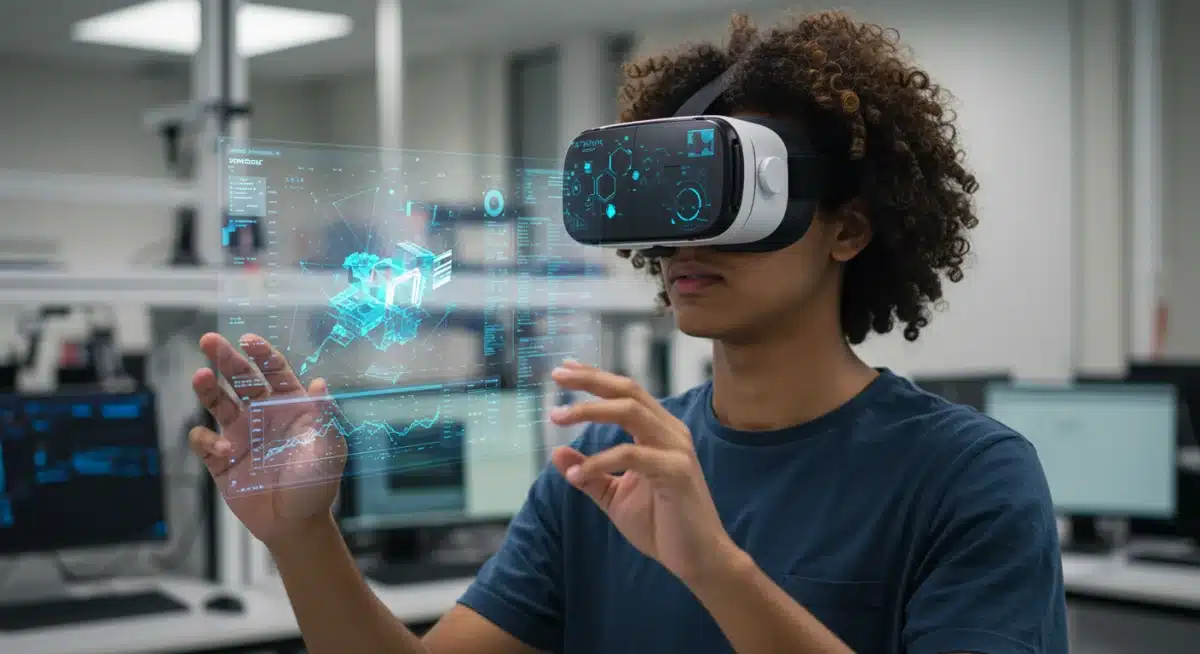 Student using VR headset for immersive learning in a STEM program