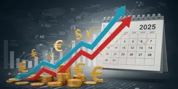 Financial graphs and currency symbols illustrating 2025 inflation at 3% annual rate, with a calendar representing future planning.