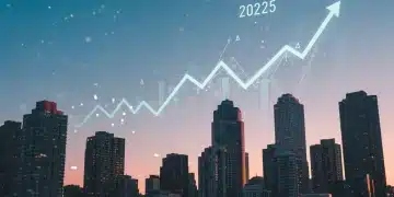 Modern cityscape with financial graphs, representing 2025 real estate market investment opportunities.