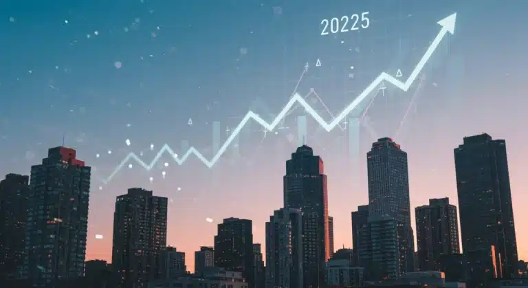 Modern cityscape with financial graphs, representing 2025 real estate market investment opportunities.