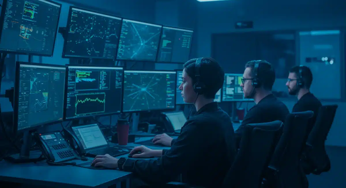 Cybersecurity analysts monitoring network for threats in operations center