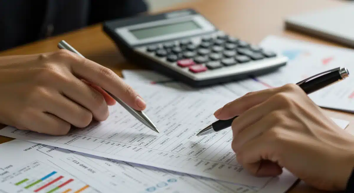 Hands reviewing a disability benefit application form with a calculator, signifying policy analysis.