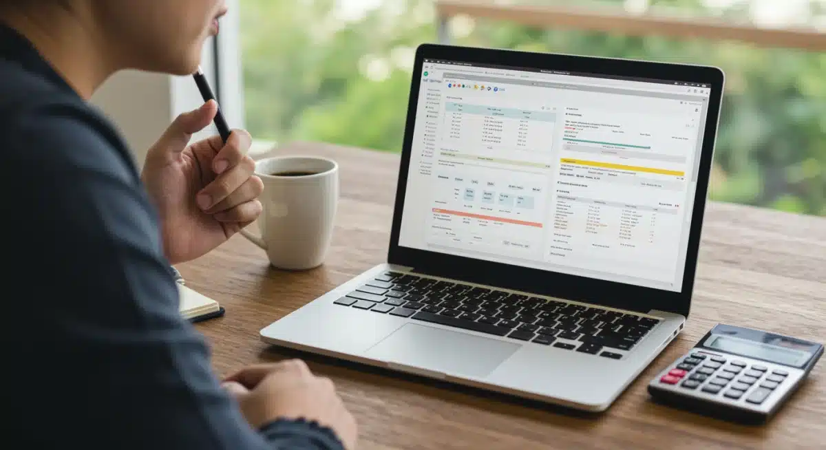 Individual analyzing financial documents and student loan statements on a laptop