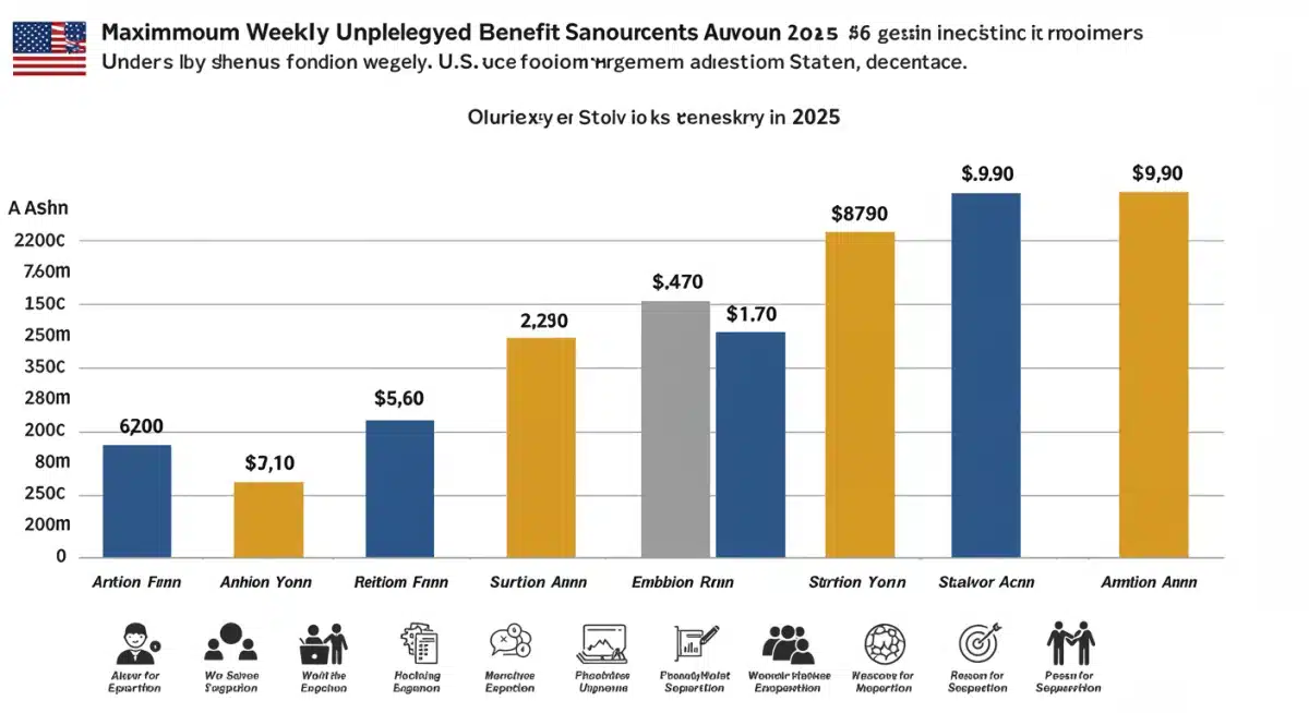 Infographic comparing maximum weekly unemployment benefits by state in 2025