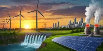 Illustration of diverse renewable energy sources powering a modern city with federal buildings.