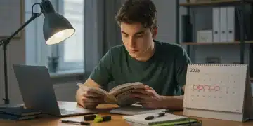 Dedicated student preparing for 2025 standardized tests at a desk with study materials