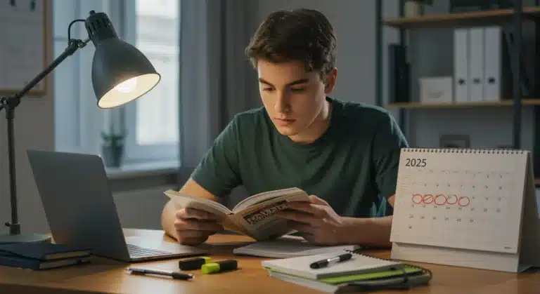 Dedicated student preparing for 2025 standardized tests at a desk with study materials
