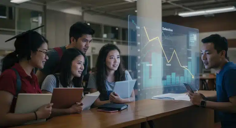 Students reviewing student loan debt reduction information on a tablet