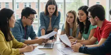 College students collaboratively reviewing FAFSA documents and financial aid forms on laptops.