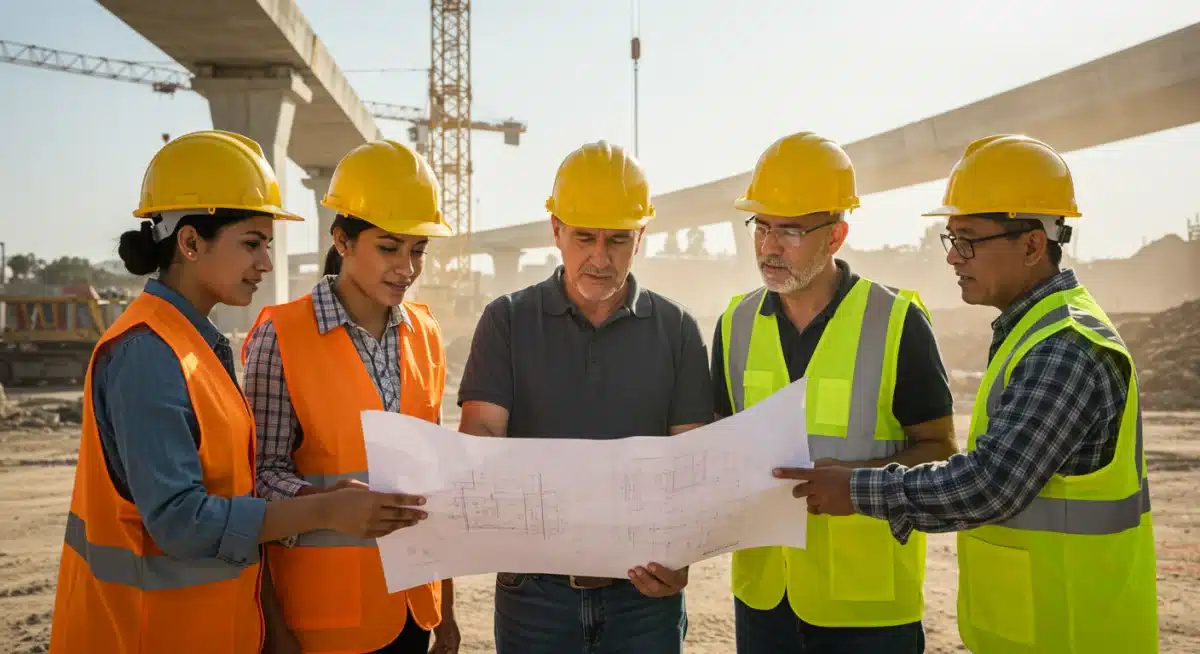 Construction workers reviewing blueprints on a busy site.