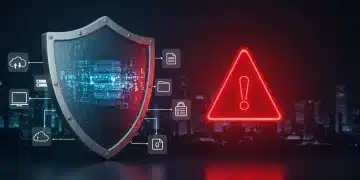 Cybersecurity shield protecting data with a red alert, symbolizing increased data breaches in US businesses.