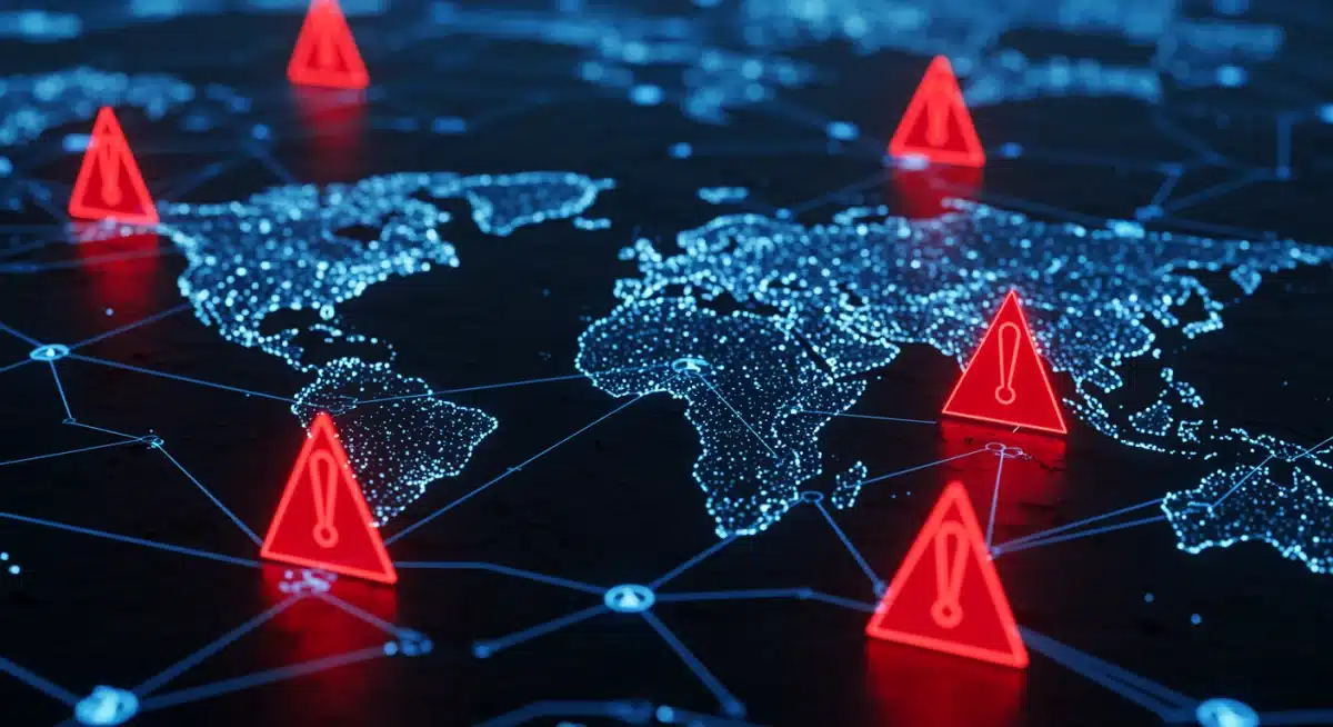 Digital network with warning triangles, illustrating growing cyber vulnerabilities for businesses.