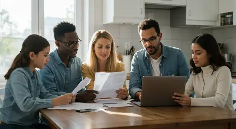 Family reviewing 2025 tax documents on a laptop at a kitchen table, focusing on maximizing savings.