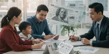 Family reviewing estate tax documents with financial planner