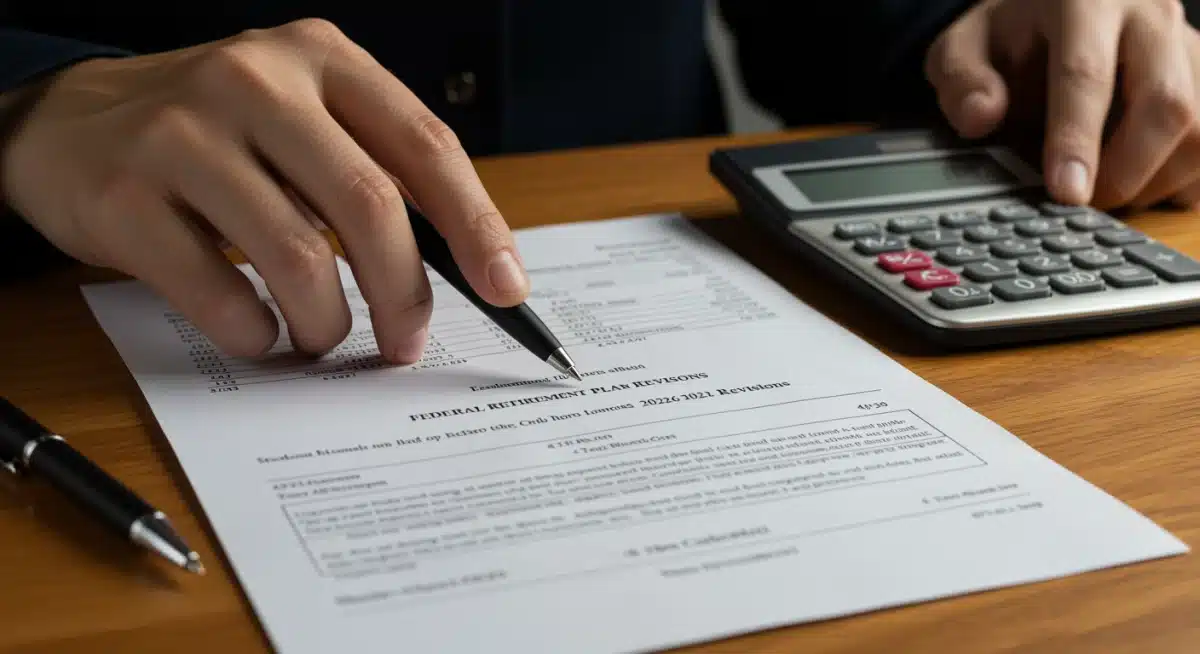Hand highlighting federal retirement plan revisions for 2026