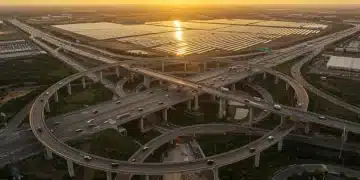 Federal Infrastructure Bill 2026: $1.2 Trillion Impact Across 5 Key Sectors Modern highway interchange with solar panels at sunset, representing new infrastructure.
