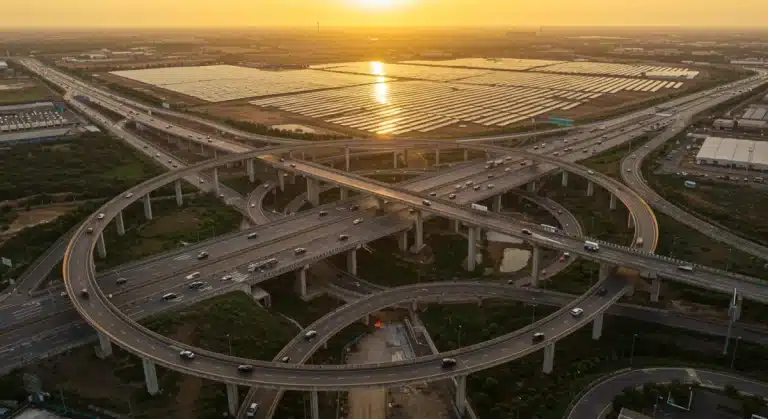 Modern highway interchange with solar panels at sunset, representing new infrastructure.