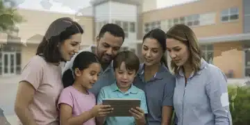 Parents and children reviewing 2026 U.S. education mandates on a tablet.