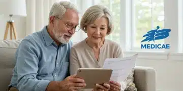 Senior couple reviewing Medicare documents on a tablet for 2025 changes