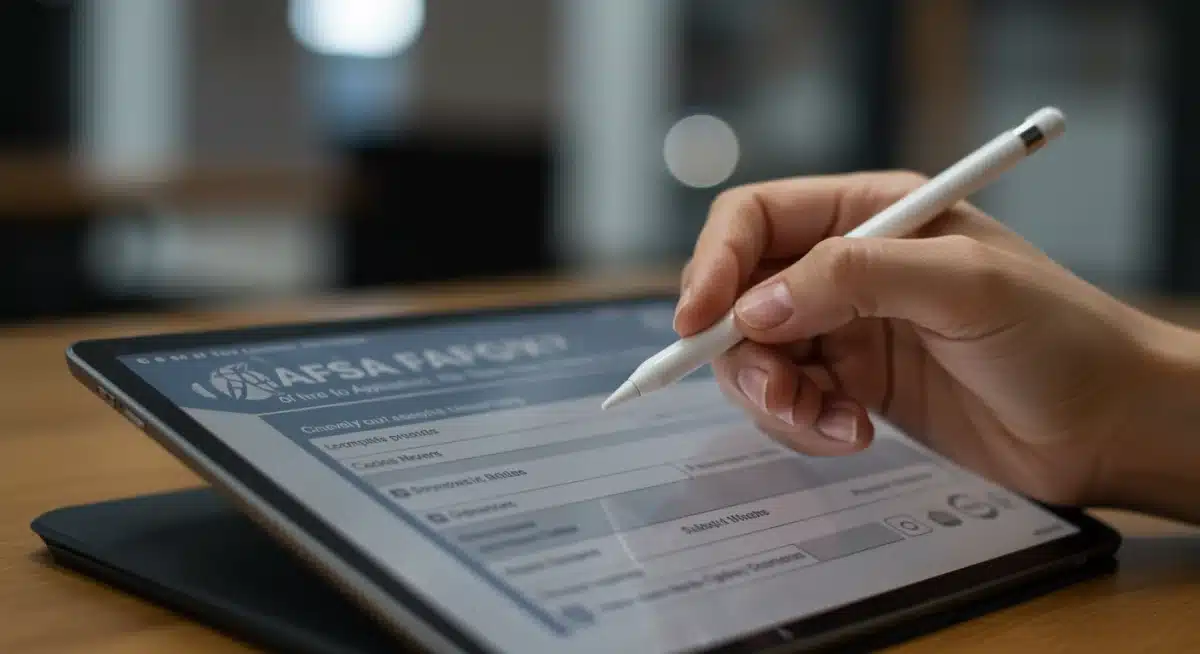 Hand interacting with a simplified digital FAFSA application on a tablet.