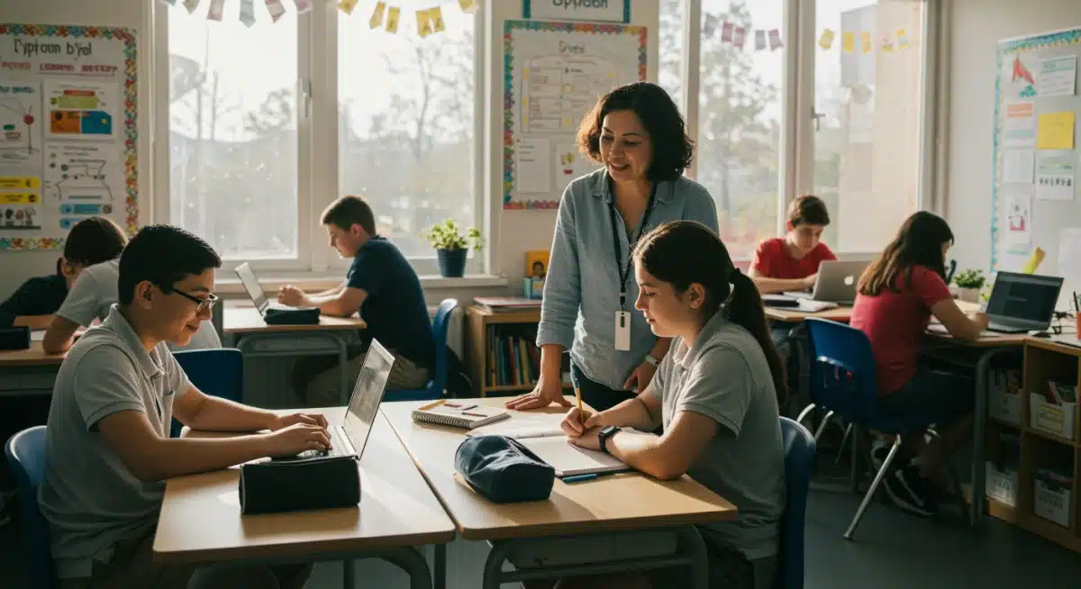 Students actively learning in a modern classroom setting.