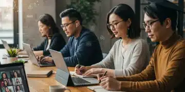 Adults engaged in online learning on various devices, representing diverse educational pursuits.