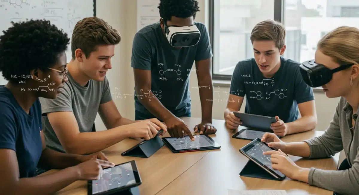 Students using augmented reality for collaborative science project in a modern classroom