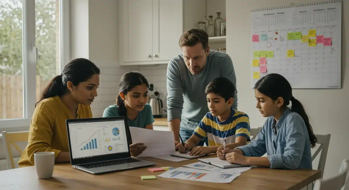 Family budgeting at kitchen table with financial charts and calendar.
