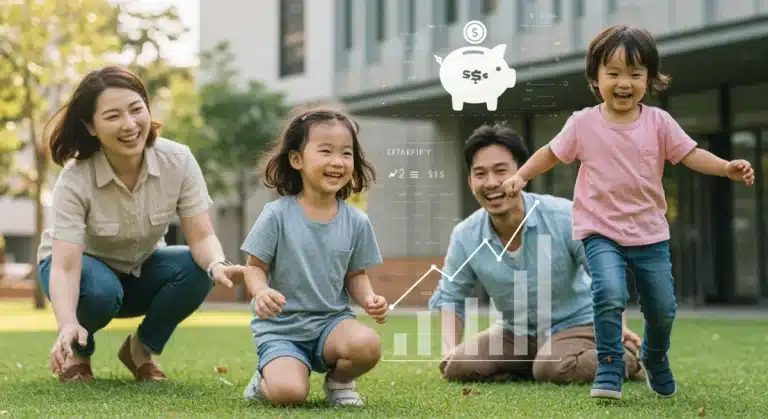 Family enjoying outdoor play, symbolizing childcare benefits and financial savings through DCFSA