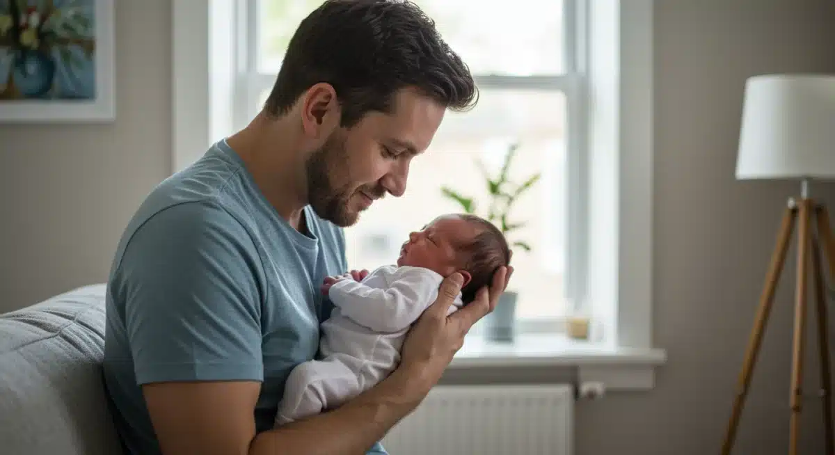 Father bonding with newborn during paternity leave