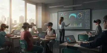 Students engaged with virtual reality headsets and interactive smartboards in a modern 2026 classroom