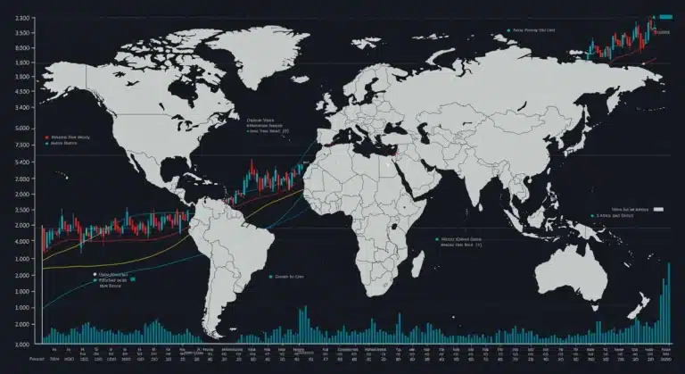 Global map with financial charts reflecting geopolitical impact on US stock market in early 2026