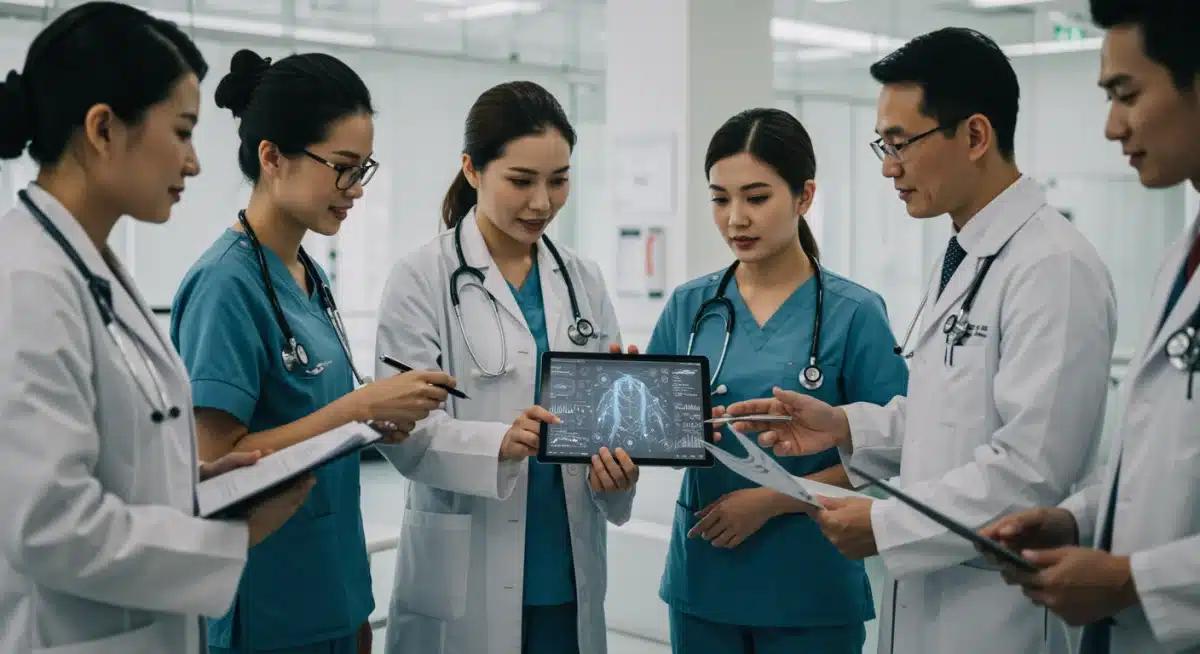 Healthcare professionals collaborating on patient data in a modern hospital setting