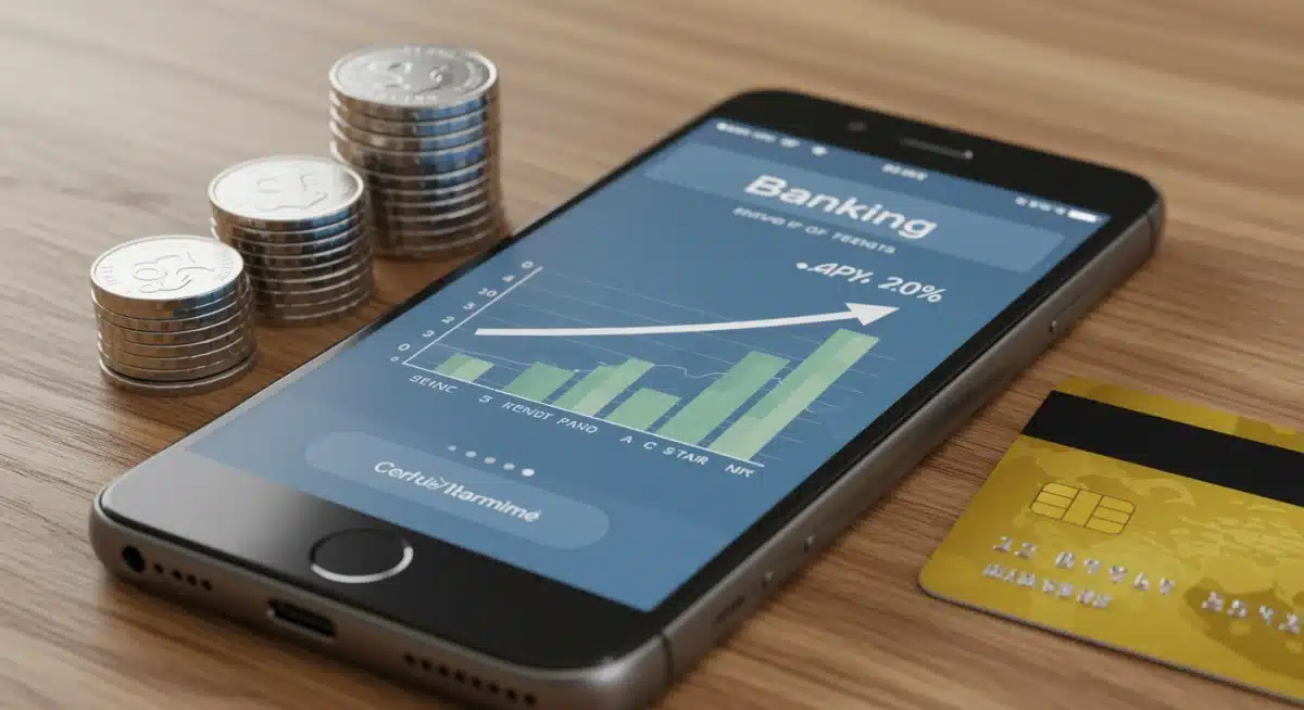 Smartphone displaying banking app with rising APY chart for savings management