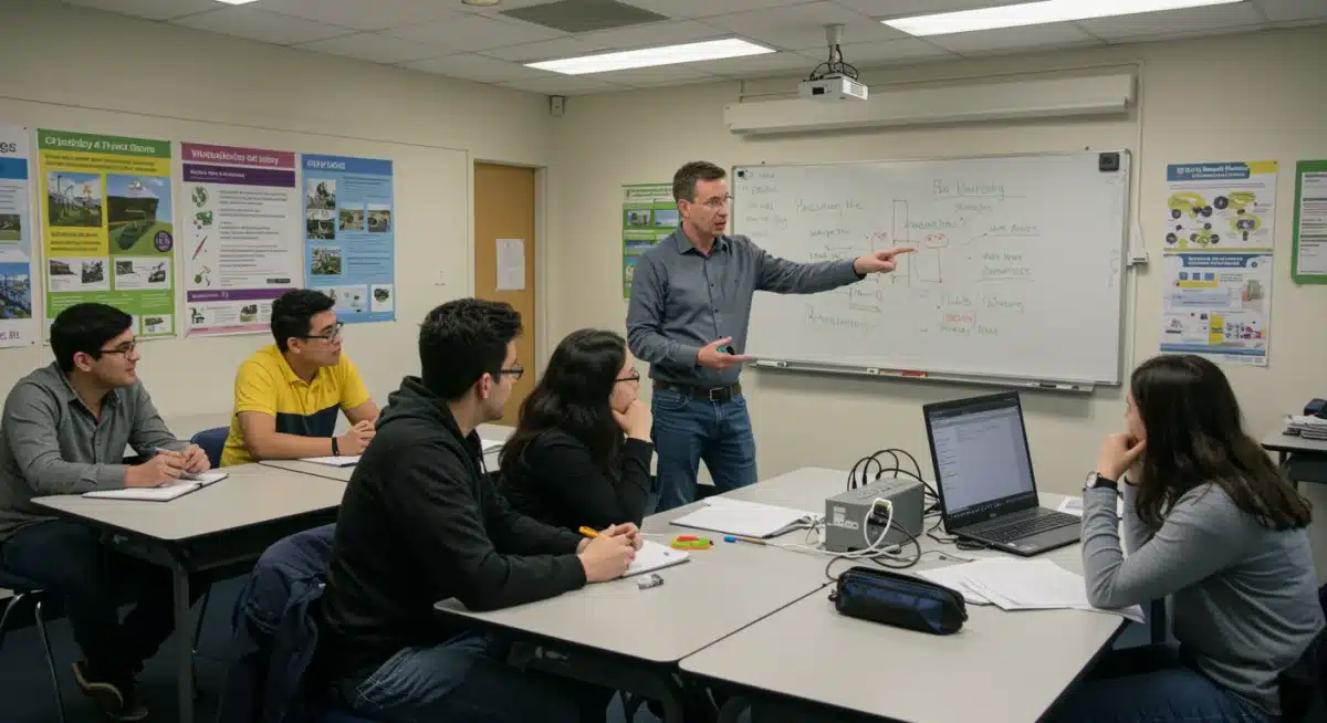 Students learning about renewable energy technologies in a vocational training program.