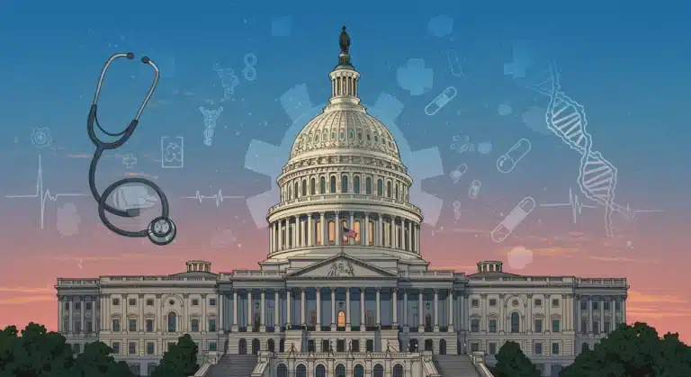 US Capitol Building with healthcare symbols, representing new legislative changes in healthcare
