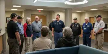 Veterans discussing healthcare benefits in a modern VA facility