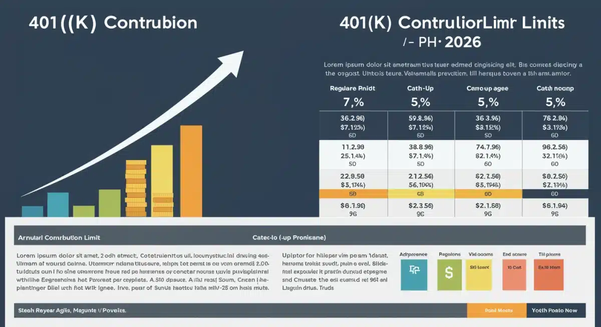 Infographic detailing 401(k) contribution limits and catch-up contributions for the year 2026.