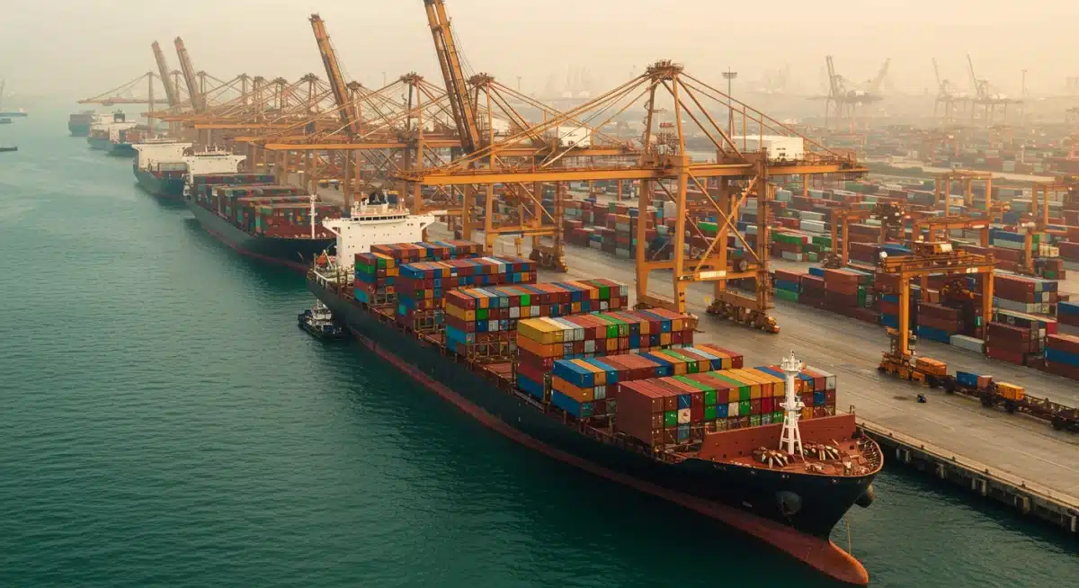 Congested port with container ships and cranes