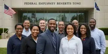 Smiling federal employees discussing benefits in front of a government building.