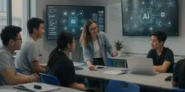 High school students learning AI literacy in a modern classroom with interactive displays.