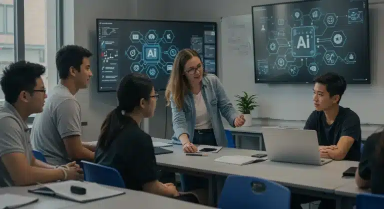 High school students learning AI literacy in a modern classroom with interactive displays.